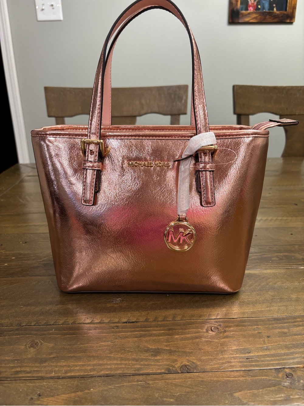 Michael Kors Jet Set Travel Extra-Small Rose Gold Metallic Zip-Top Tote